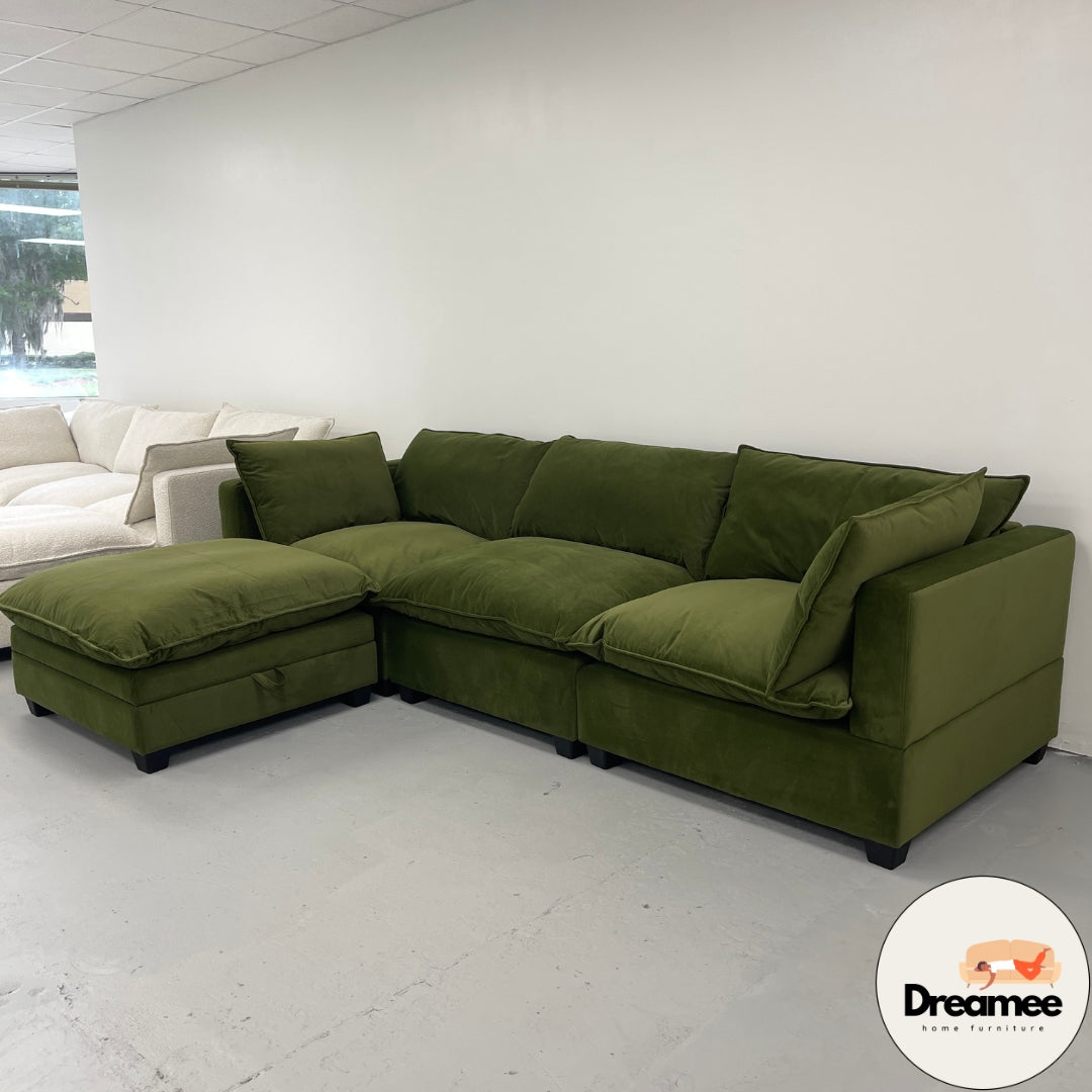 Olive Green Velvet Cloud Sectional
