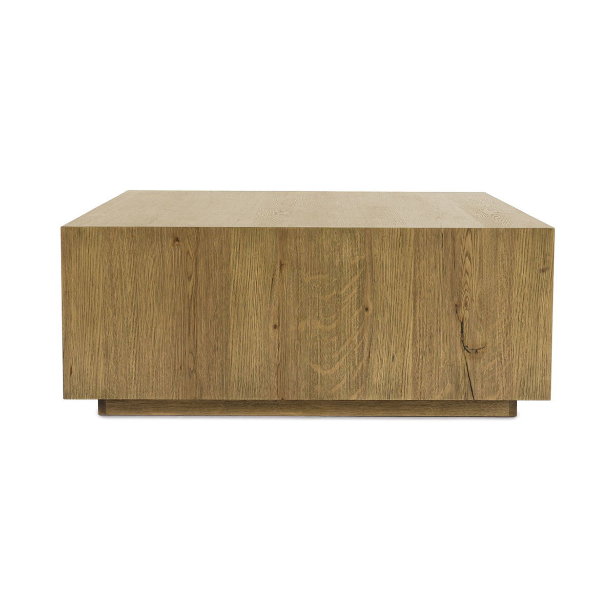 Square coffee table in light brown wood with smooth tabletop and low caster-style base