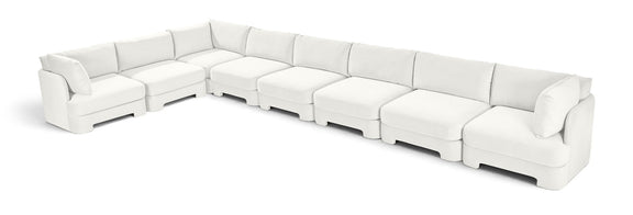 Velvet L-shaped sectional sofa in white, 8-piece modular seating with rolled arms