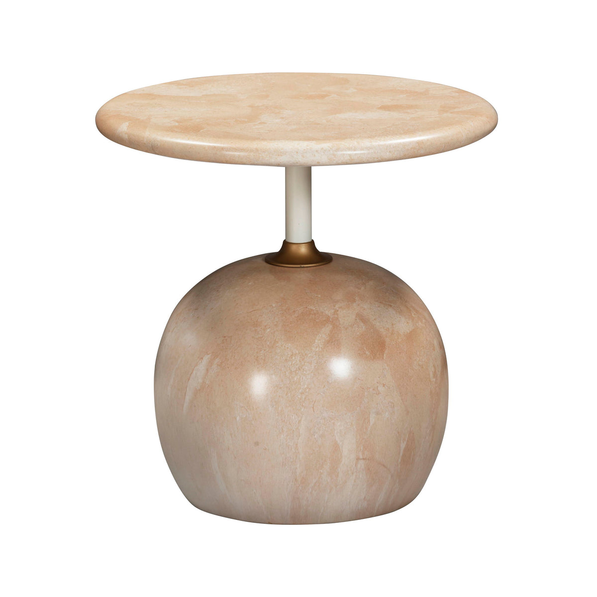 Beige faux marble round side table with rose-gold stem and domed spherical base