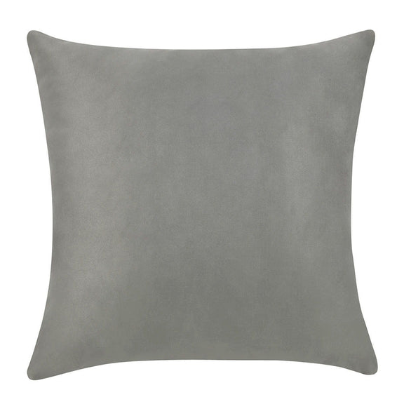Solid gray square throw pillow cover with smooth fabric and neat stitched edges.