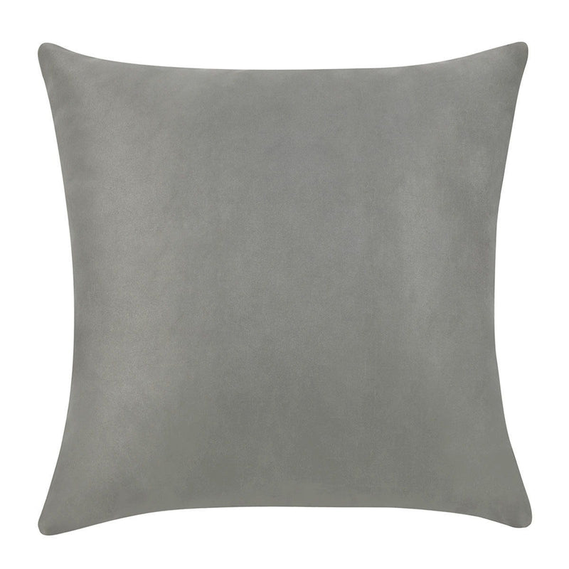 Solid gray square throw pillow cover with smooth fabric and neat stitched edges.