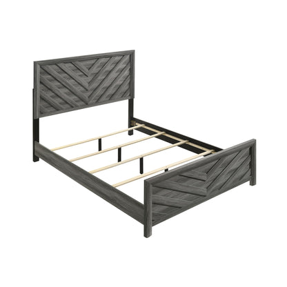 Dark gray Denver bed with geometric paneled headboard, open slat base, low footboard