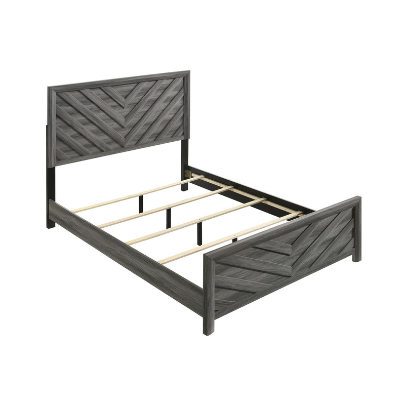 Dark gray modern bed frame with paneled headboard and slatted mattress support
