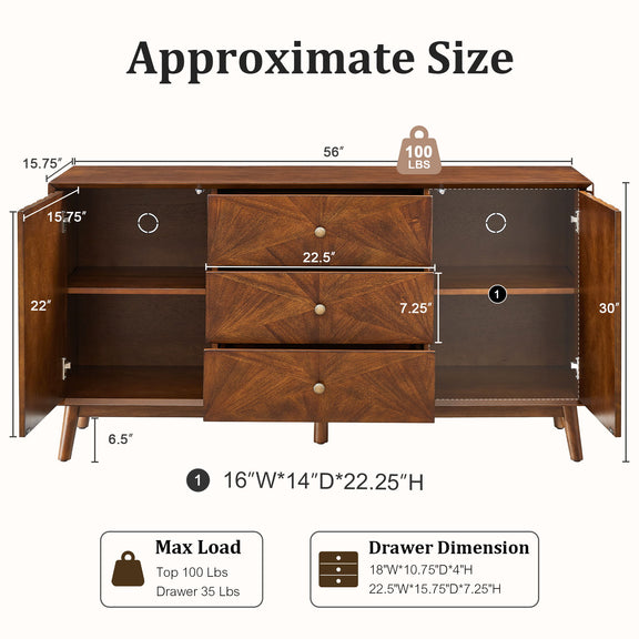 Walnut sideboard cabinet shown open with three drawers, interior shelves, and dimensions
