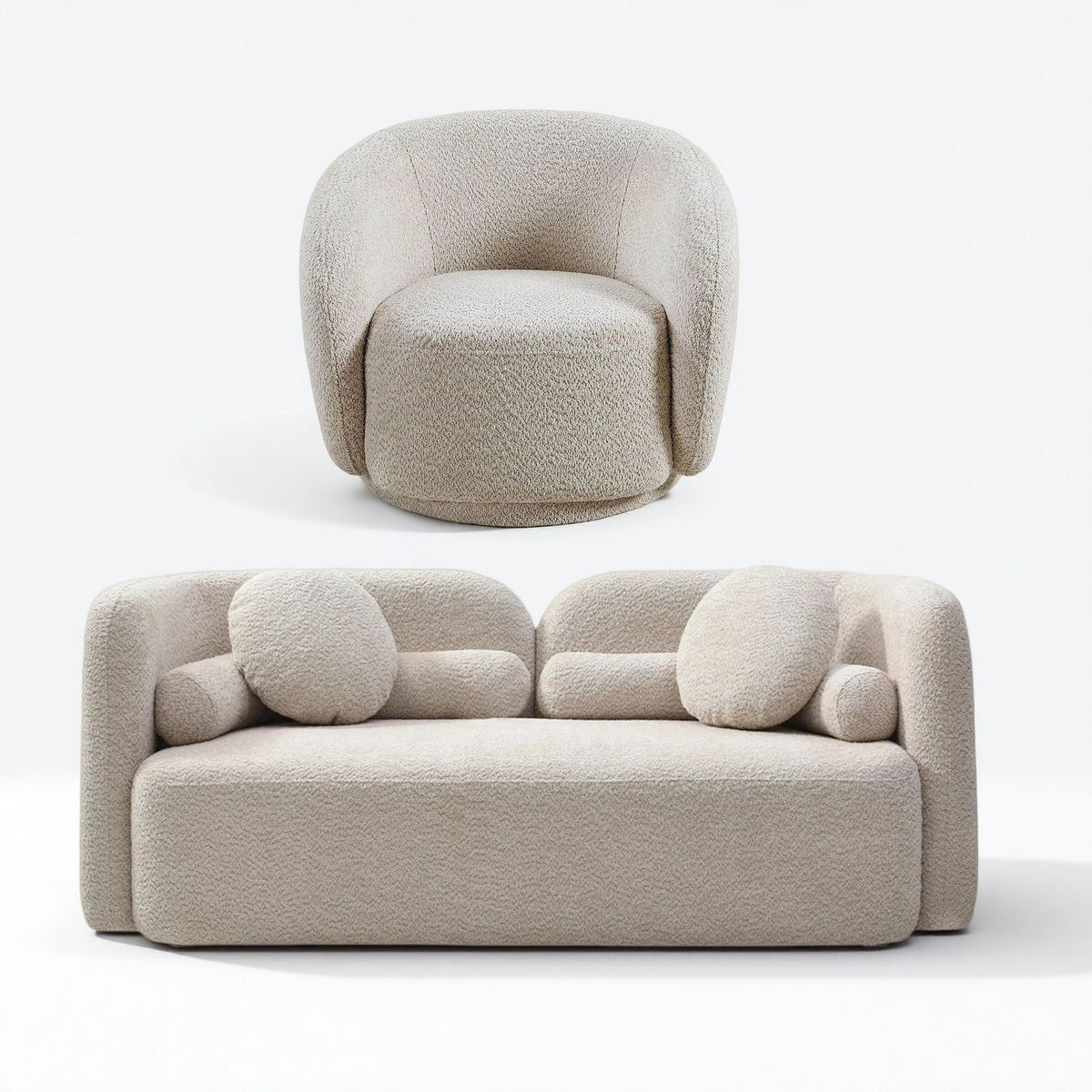 Beige swivel-style armchair and upholstered loveseat with round accent cushions