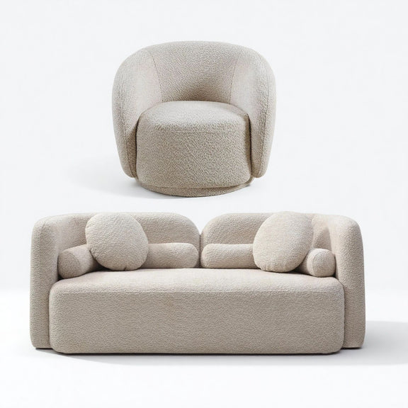 Beige swivel-style armchair and upholstered loveseat with round accent cushions