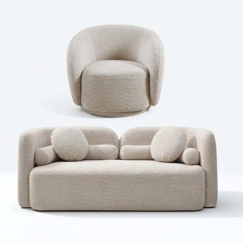 Beige swivel-style armchair and upholstered loveseat with round accent cushions