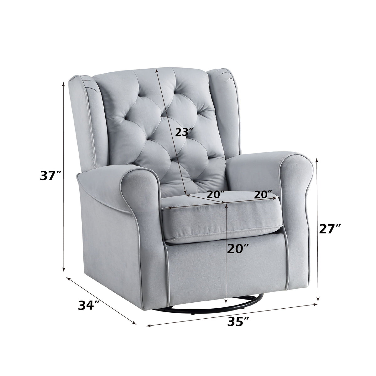 Gray tufted glider chair with padded seat, rolled arms, and circular swivel base