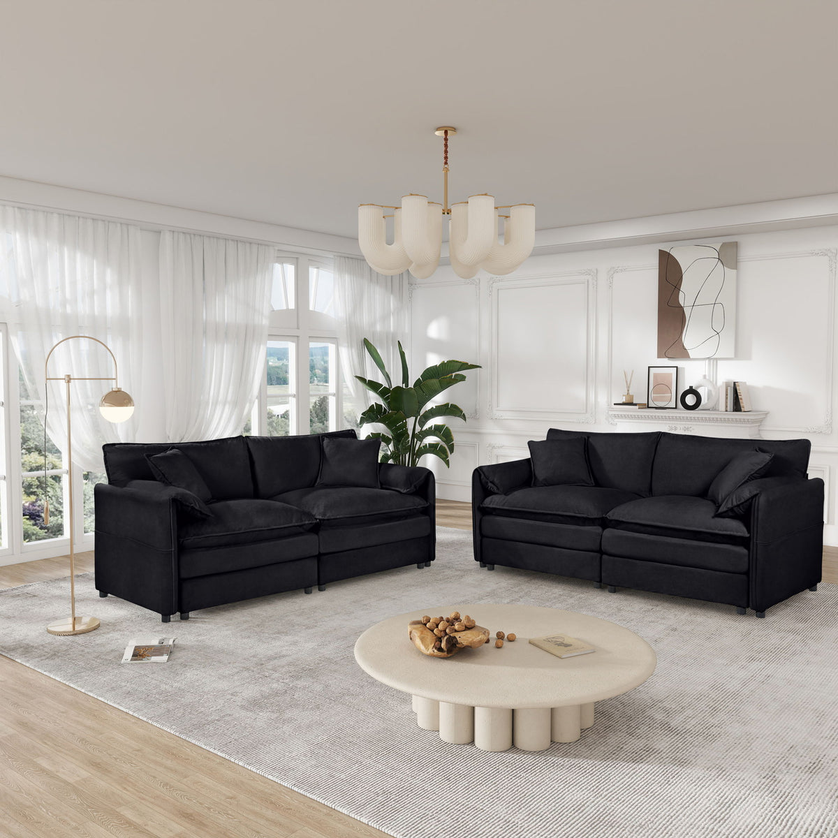 Modern Chenille Oversized Deep Seat Luxury 2 Piece Sofa Set With 4 Pillows