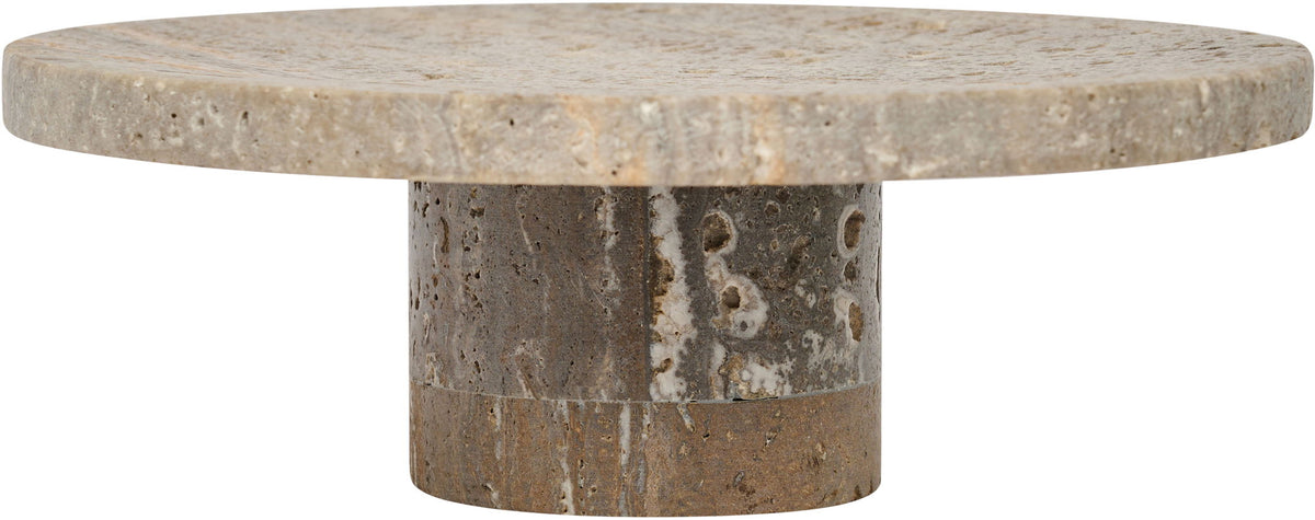 Genuine travertine tray side view with gray round top and thick pedestal