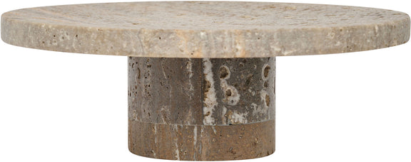Genuine travertine tray side view with gray round top and thick pedestal