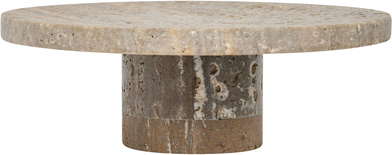 Genuine travertine tray side view with gray round top and thick pedestal