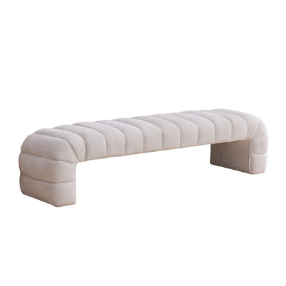 Upholstered armless bed bench, light beige, channel-tufted cushion top and curved arms