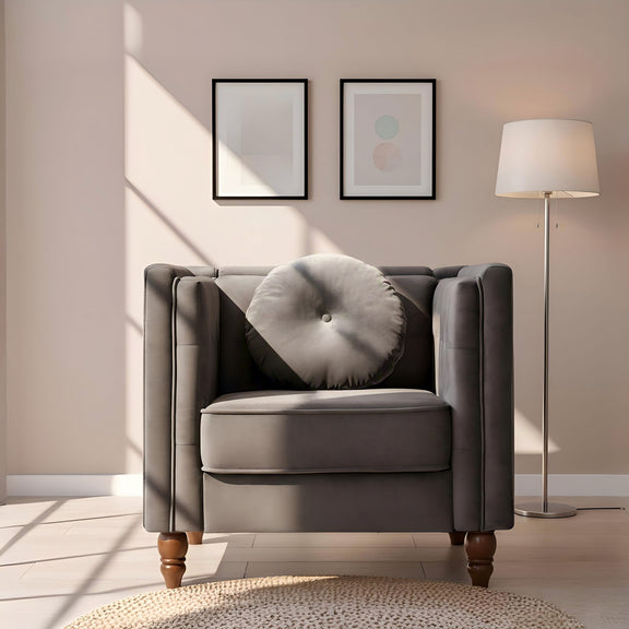 Gray velvet-look accent side chair with square arms and tufted back
