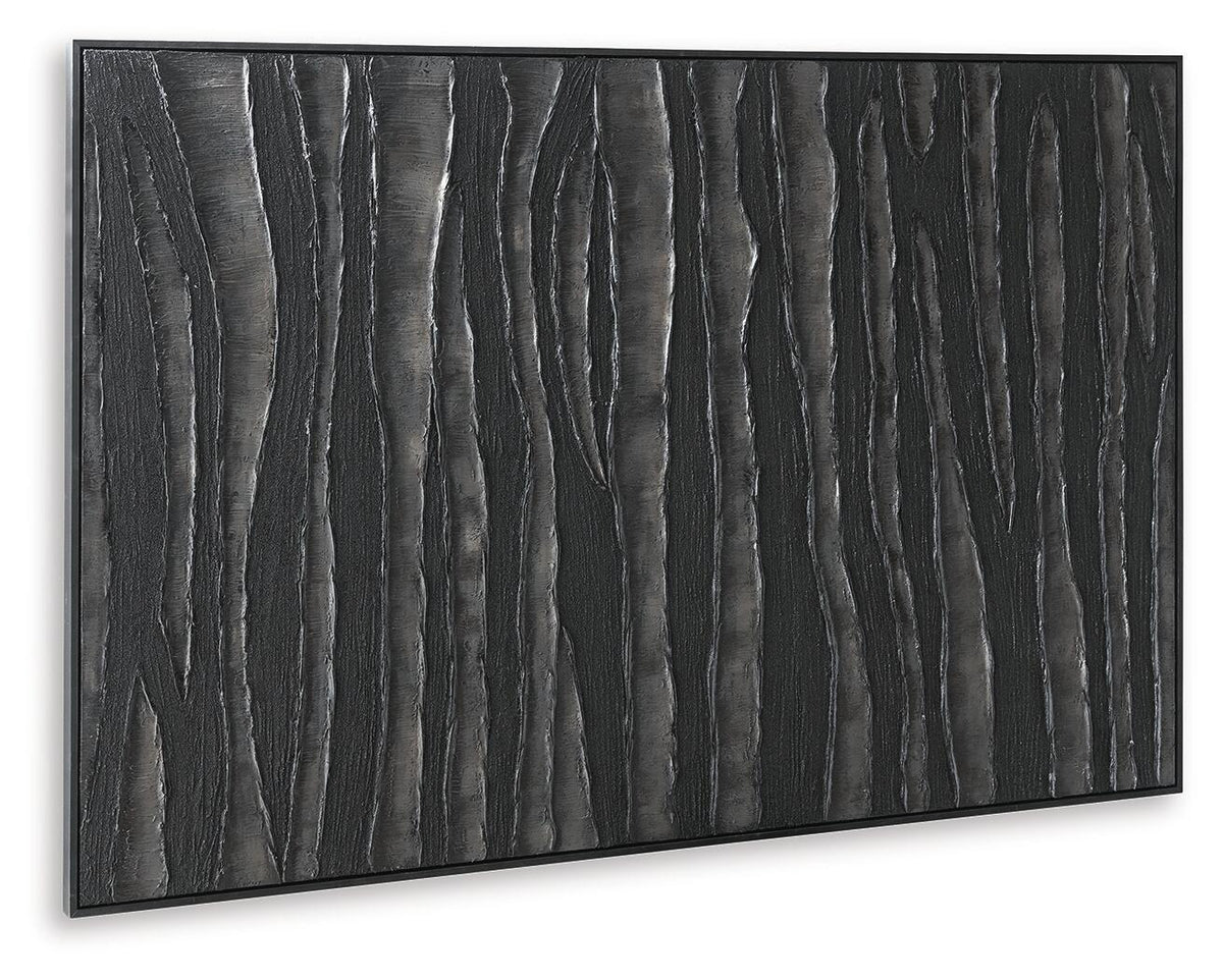 Rectangular framed wall art with close-up vertical black textured grooves