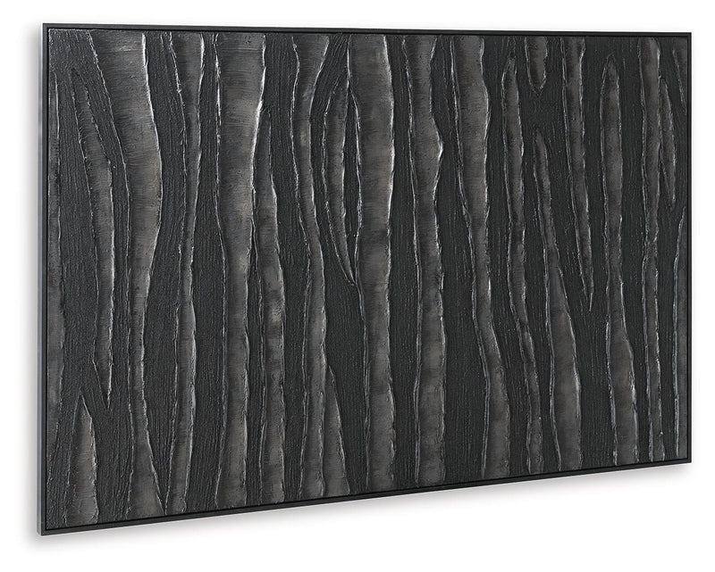 Rectangular framed wall art with close-up vertical black textured grooves