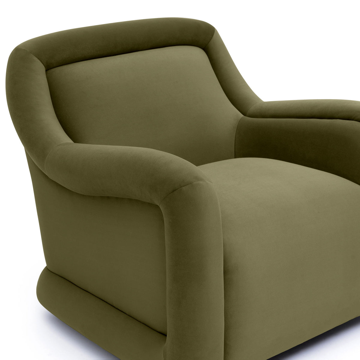 Olive green upholstered swivel chair with padded arms and smooth, rounded silhouette.