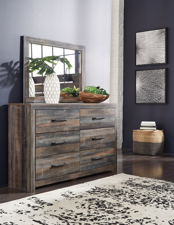Gray wood-finish dresser with mirror and metal bar pulls, styled for bedroom set