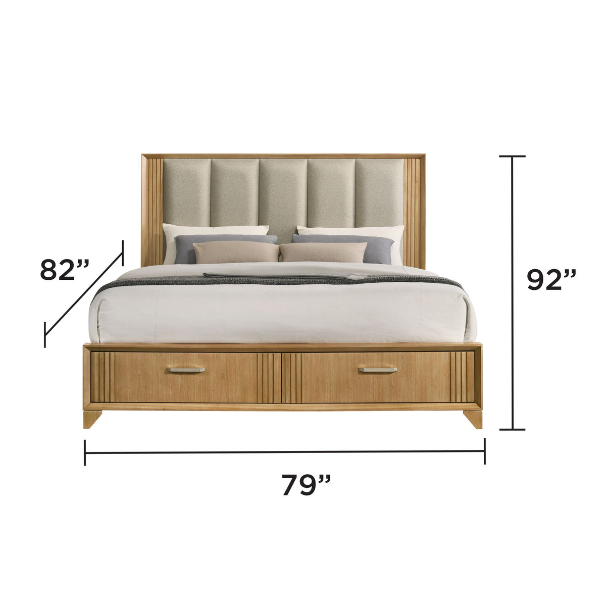 Upholstered headboard storage bed with dimensions 79 in wide, 82 in high, 92 in tall