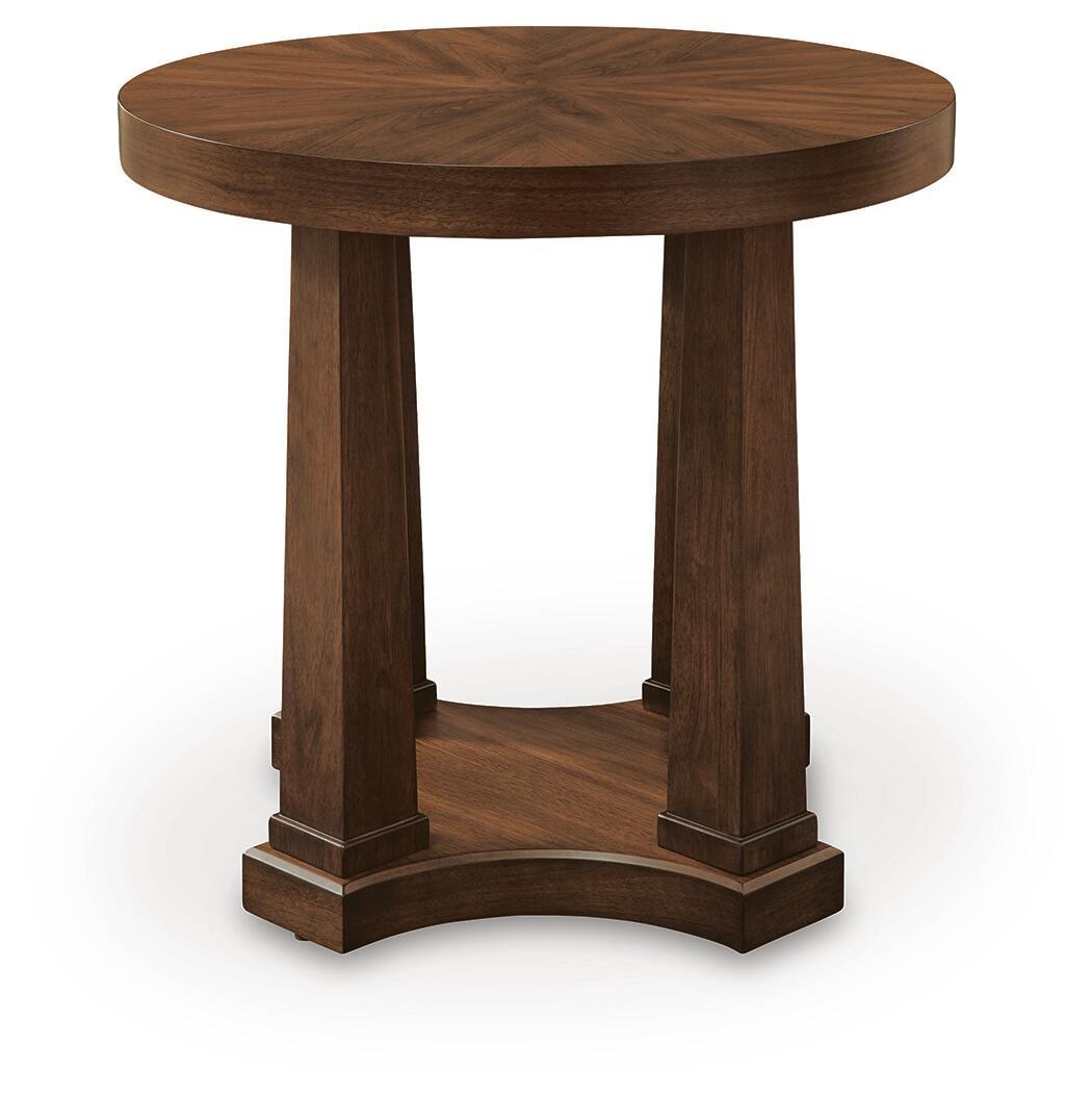 Round wooden end table with four legs and curved base