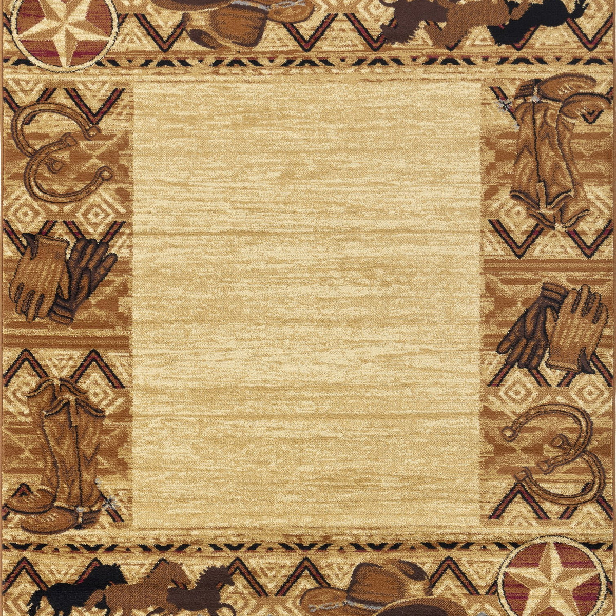Beige southwest area rug with ornate dark corner motifs and patterned border
