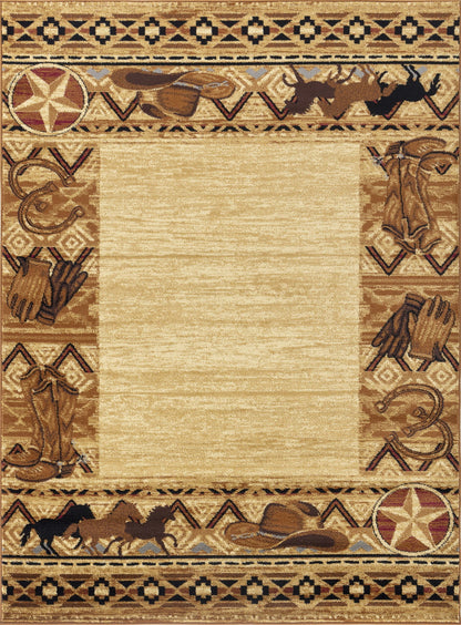Beige southwest area rug close-up with geometric border and central cream field