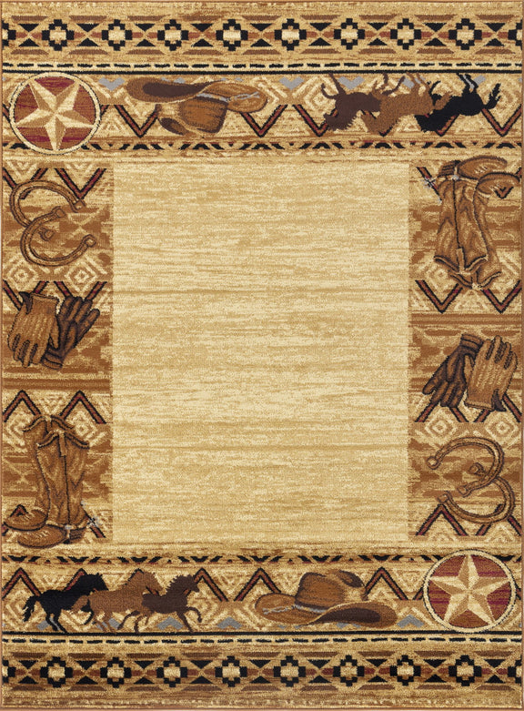 Beige southwest area rug close-up with geometric border and central cream field