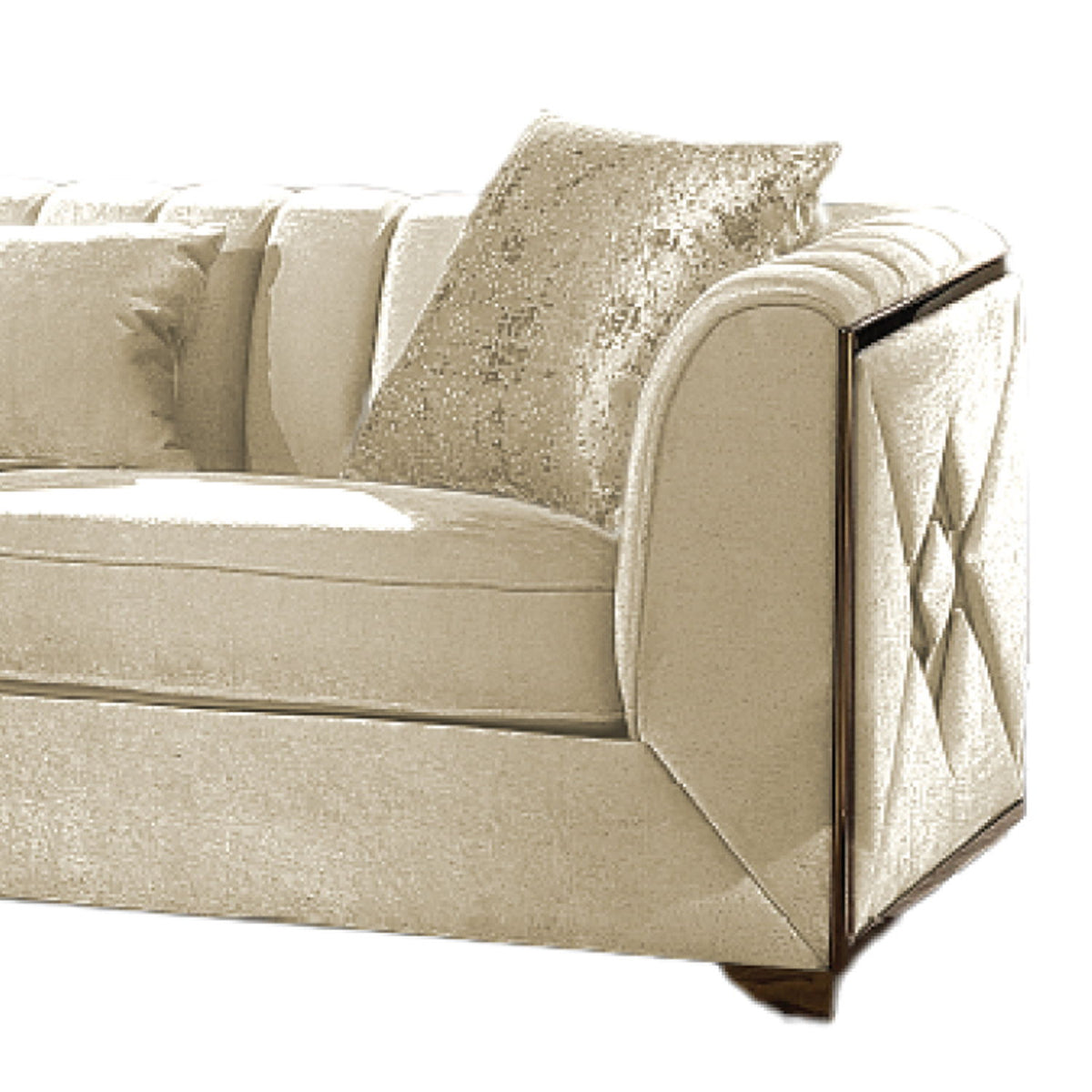 Beige fabric sofa with rolled arms and a textured throw pillow