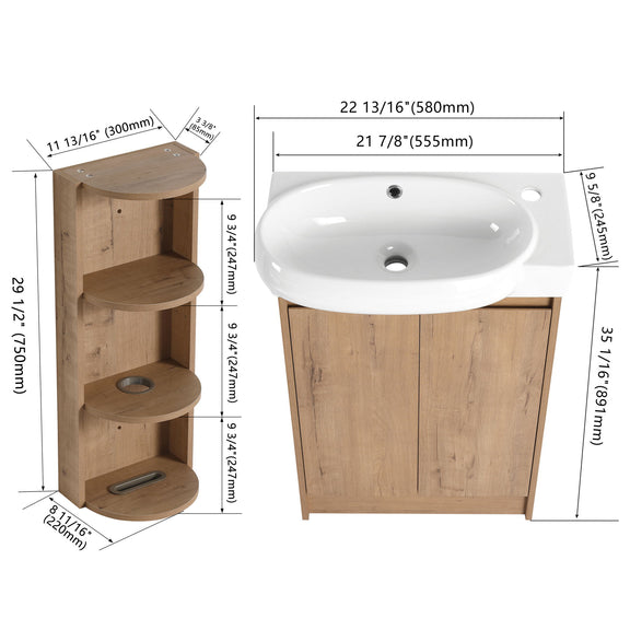 Light wood freestanding bathroom vanity with integrated oval sink and two cabinet doors