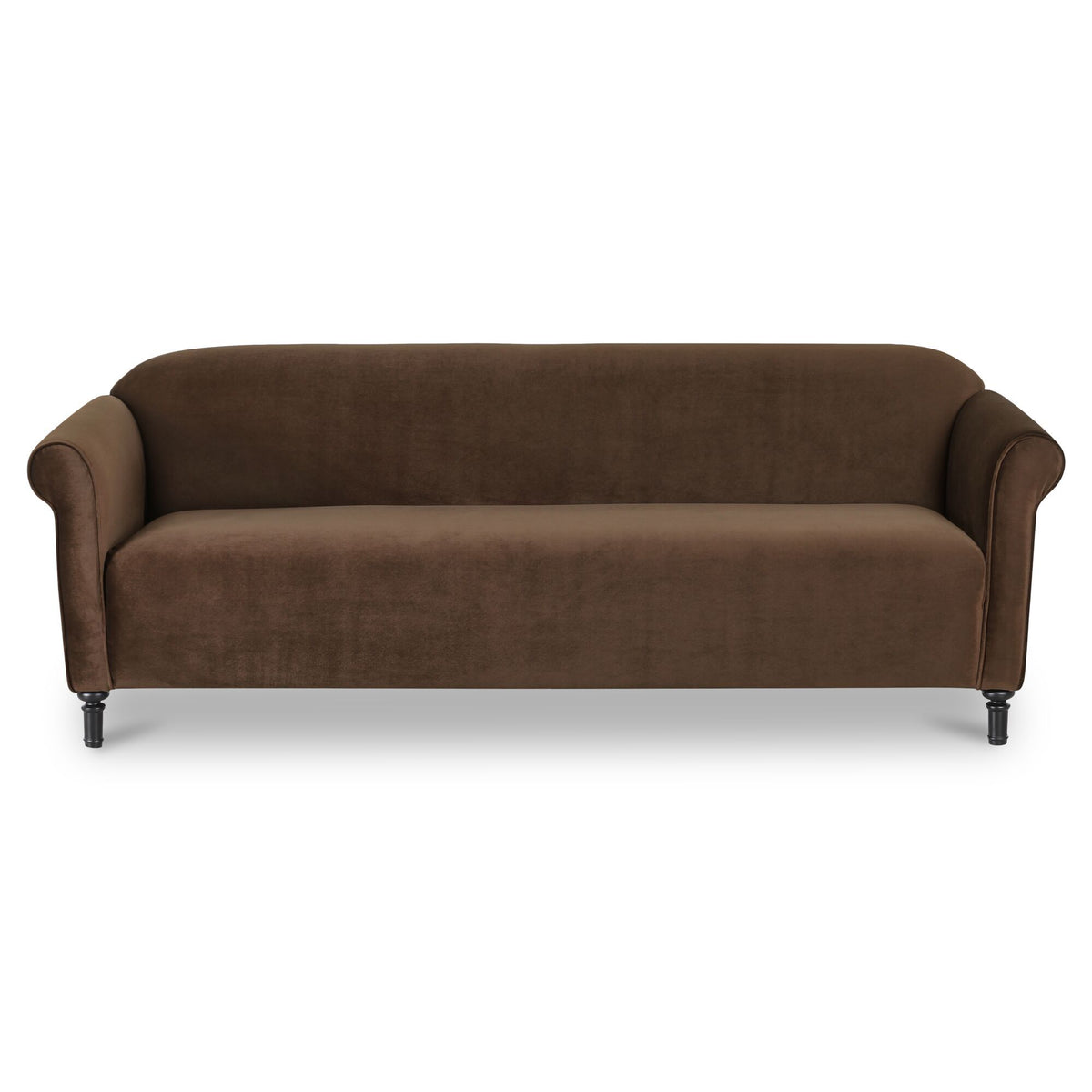 Dark brown faux mohair sofa with rolled arms and black tapered legs