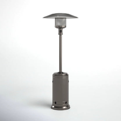 Dark gray standing patio heater with round base and wide heat shield