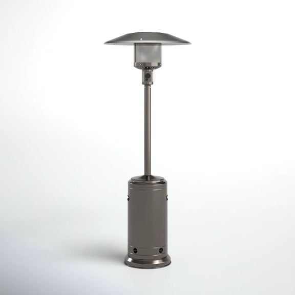 Dark gray standing patio heater with round base and wide heat shield
