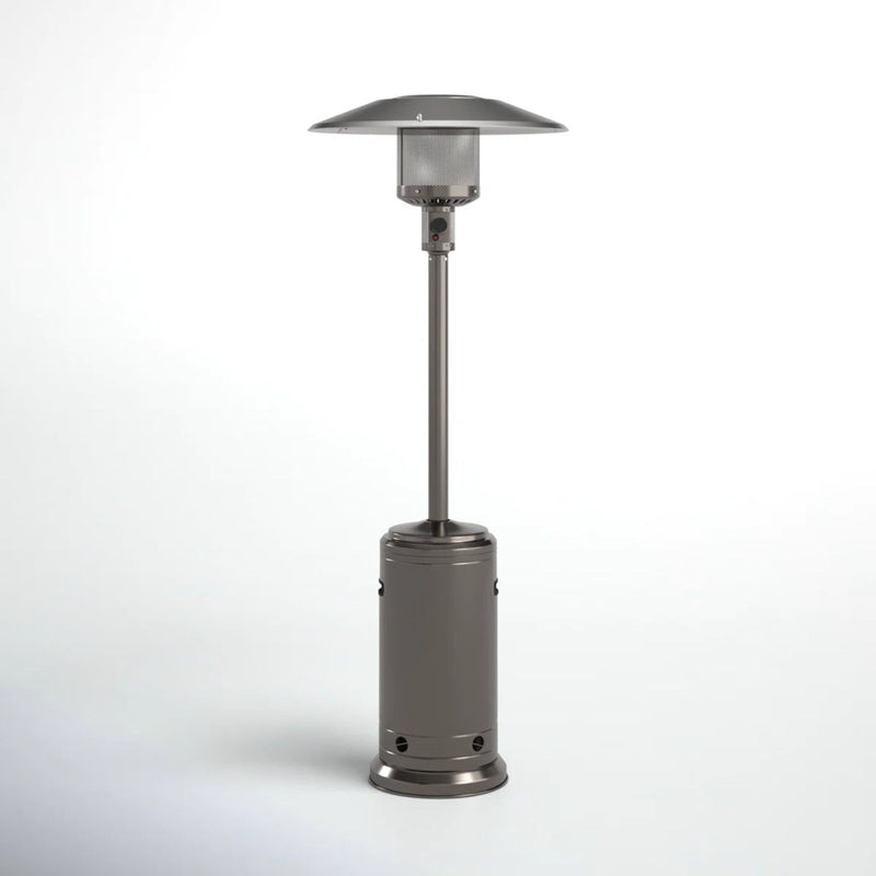 Dark gray standing patio heater with round base and wide heat shield
