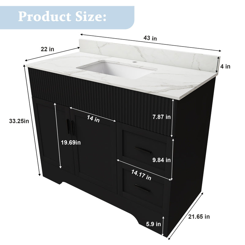 Black ribbed bathroom vanity with marble-look top, single-hole sink, doors and drawers