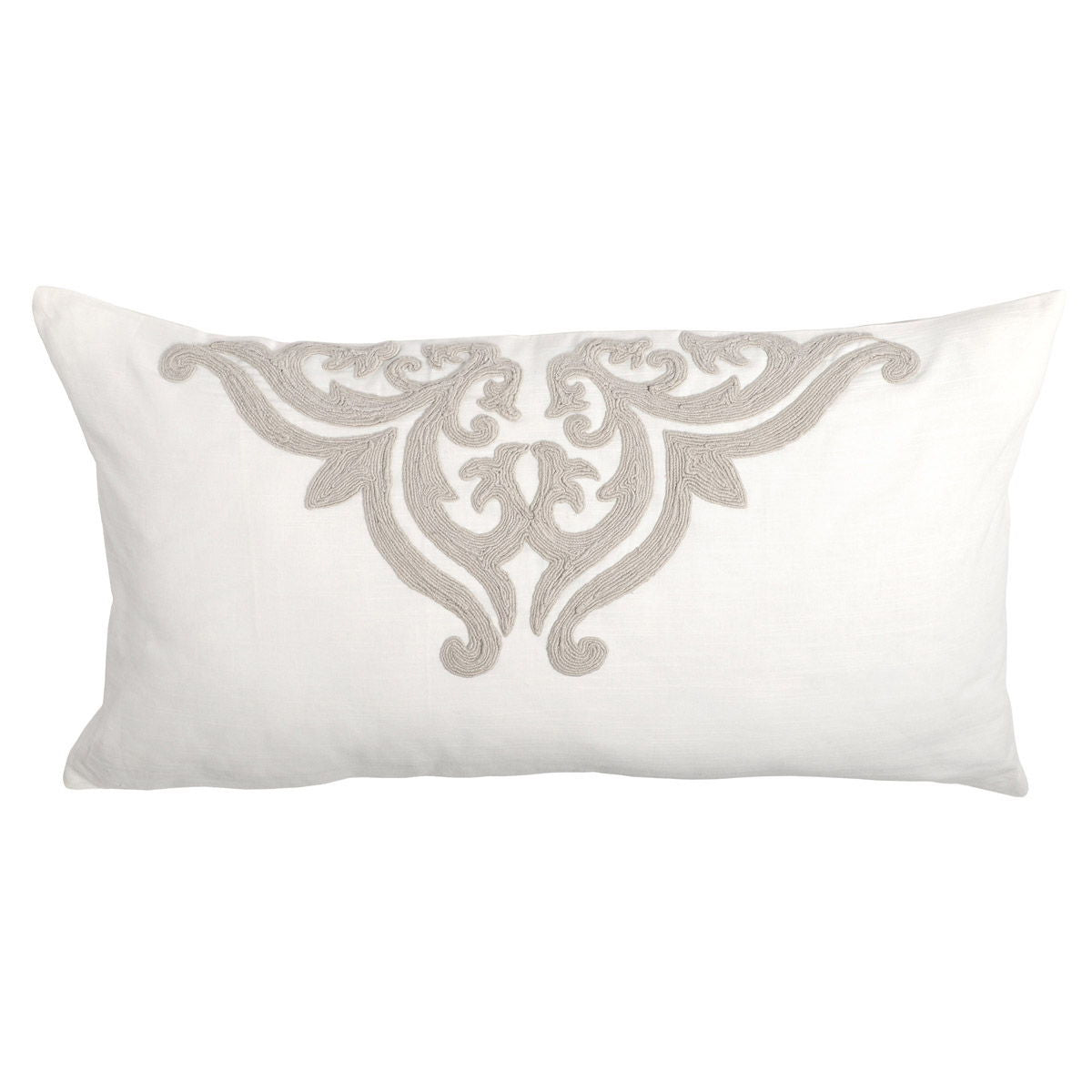 Ivory sham pillow with centered gray damask scroll motif embroidery