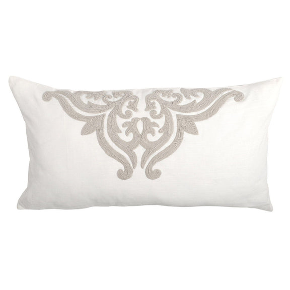 Ivory sham pillow with centered gray damask scroll motif embroidery
