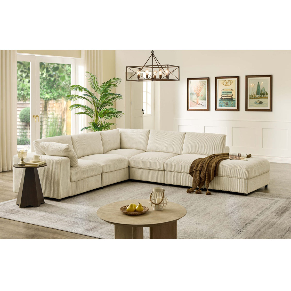 Light beige sectional sofa with corner and ottoman chaise, wide seat cushions