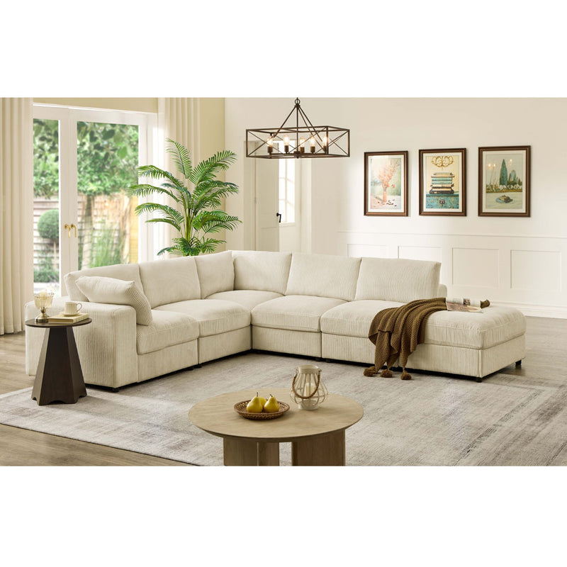 Light beige sectional sofa with corner and ottoman chaise, wide seat cushions