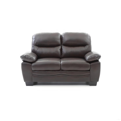 Dark brown leather loveseat with tufted back cushions and padded armrests