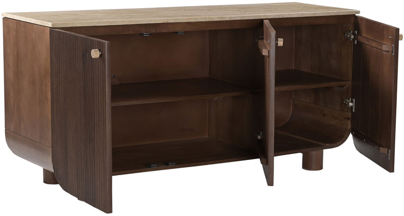 Mango wood buffet with open cabinet doors and interior shelves, vertical ribbed front