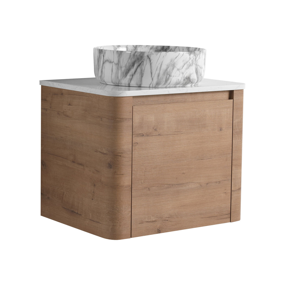 Wall-mounted bathroom vanity with white marble-look vessel sink and light wood cabinet front