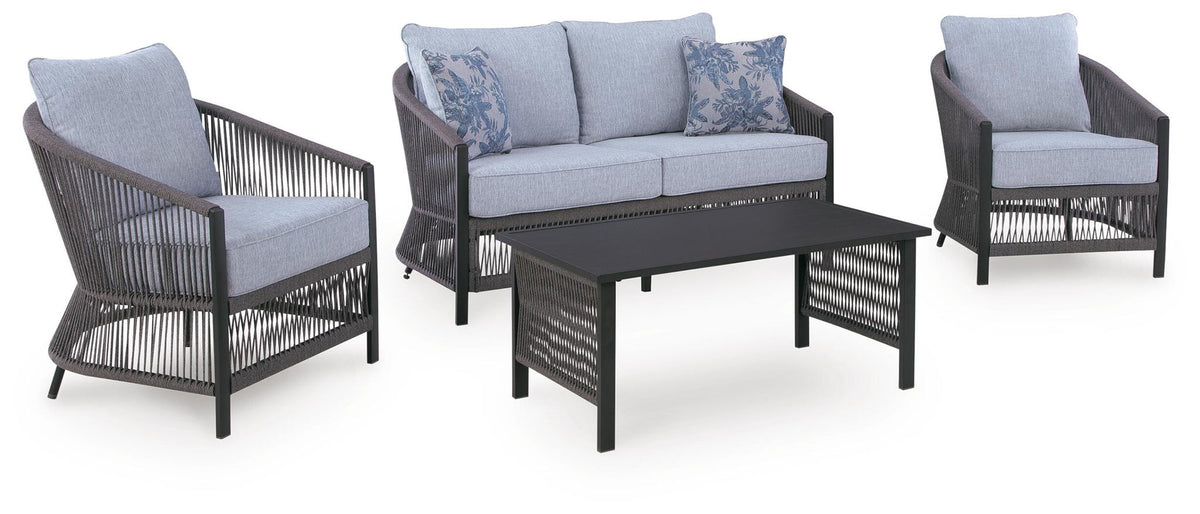 Gray patio conversation set with two chairs, loveseat, and square coffee table, light blue cushions