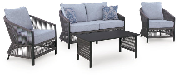 Gray patio conversation set with two chairs, loveseat, and square coffee table, light blue cushions