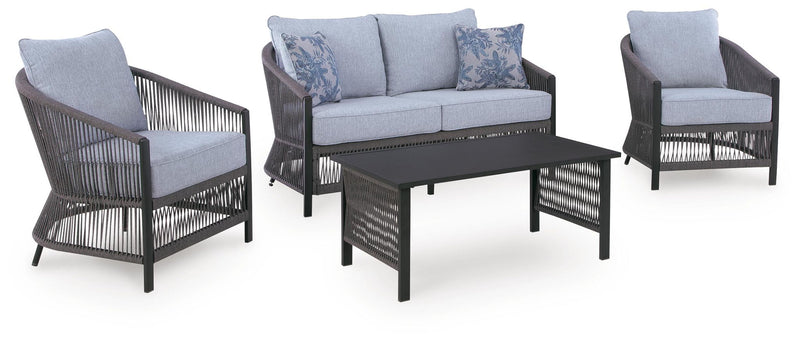 Gray patio conversation set with two chairs, loveseat, and square coffee table, light blue cushions