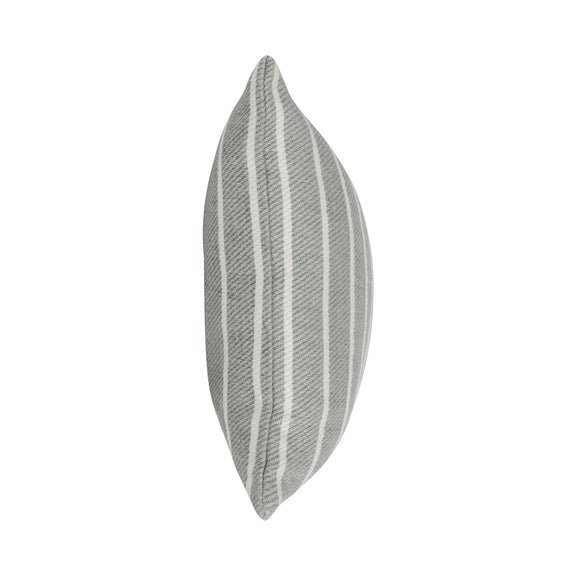 Gray and white striped pillow shown in side profile with tapered ends