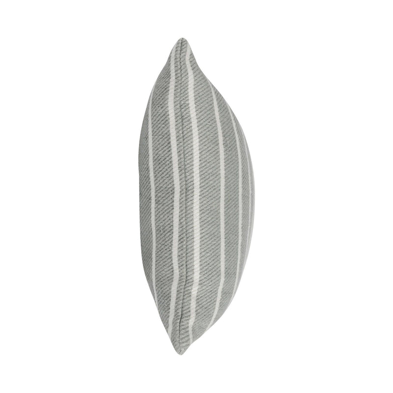 Gray and white striped pillow shown in side profile with tapered ends