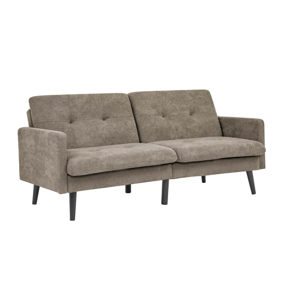 Tufted futon sofa in light brown with two seat cushions and dark legs