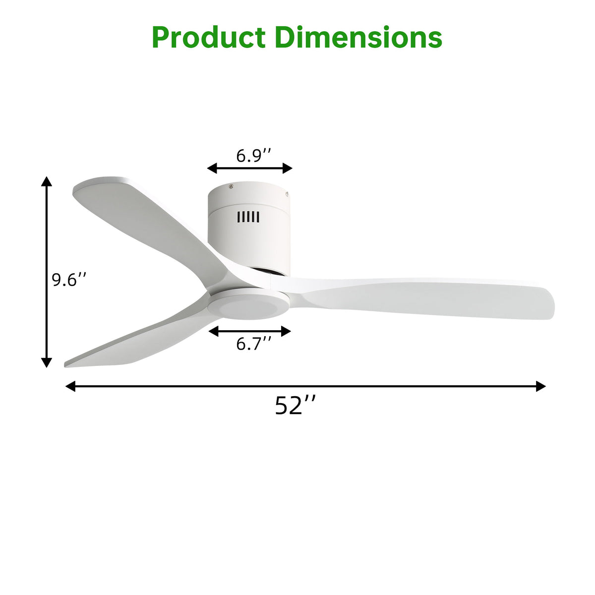 White flush-mount 52-in ceiling fan dimensions, 3-blade layout