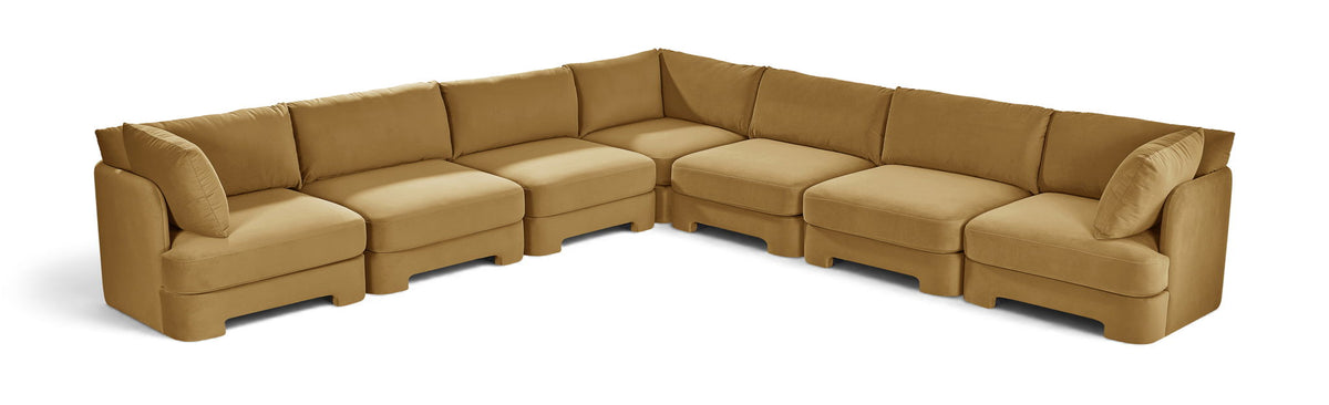 Tan velvet corner sectional sofa with 7-piece modular arrangement